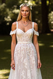 White Cold Shoulder Corset A Line Wedding Dress with Lace