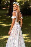 White Cold Shoulder Corset A Line Wedding Dress with Lace