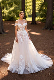 A Line White Off the Shoulder Sweep Train Wedding Dress with Lace