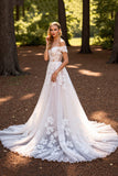 A Line White Off the Shoulder Sweep Train Wedding Dress with Lace