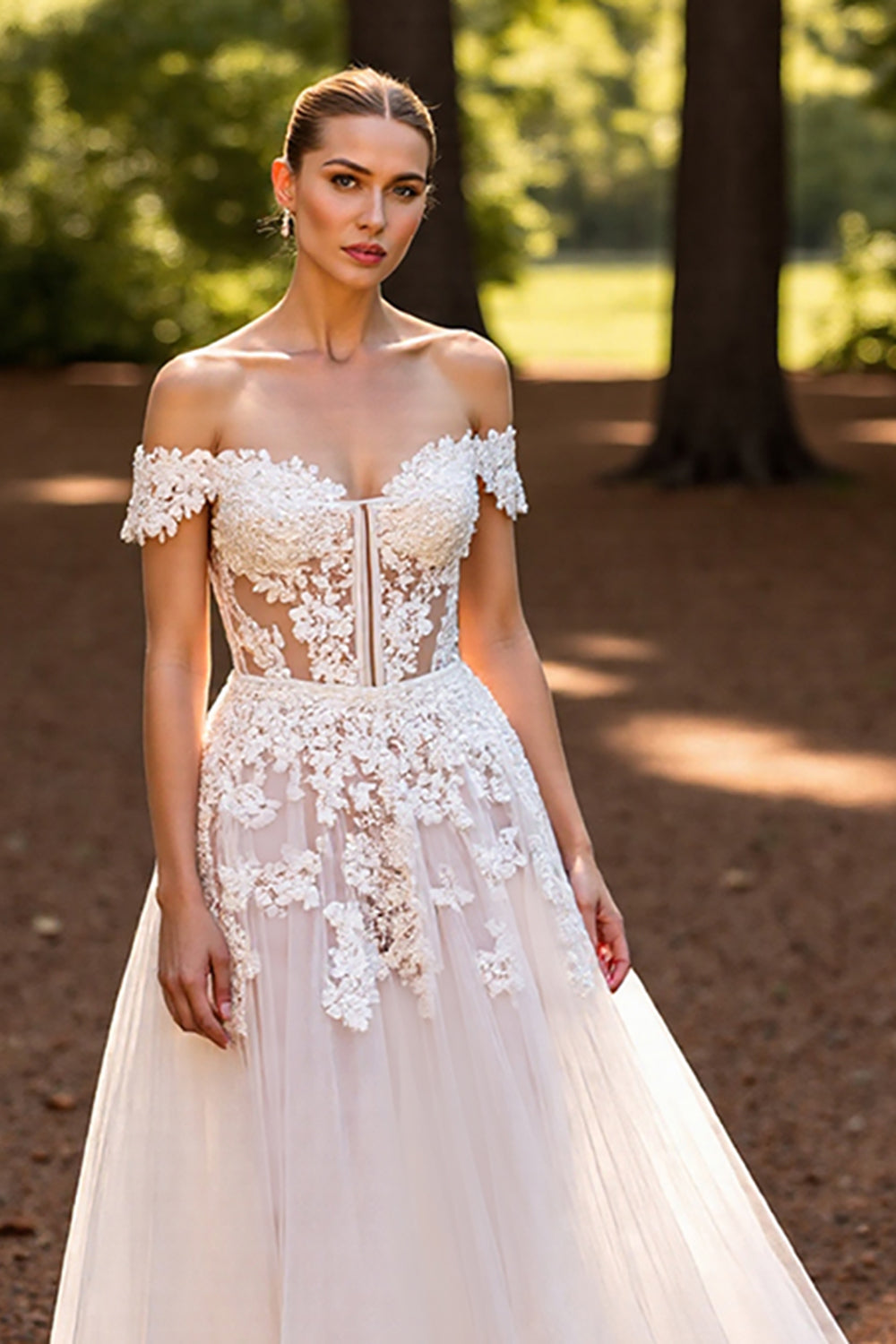 A Line White Off the Shoulder Sweep Train Wedding Dress with Lace