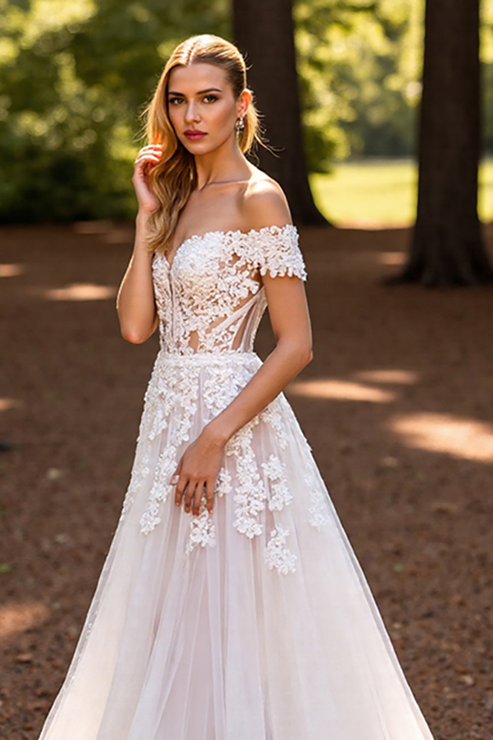 A Line White Off the Shoulder Sweep Train Wedding Dress with Lace