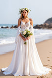 Beach White A Line Sweep Train Wedding Dress with Lace