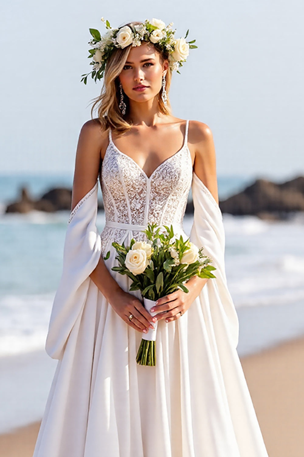 Beach White A Line Sweep Train Wedding Dress with Lace