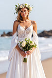 Beach White A Line Sweep Train Wedding Dress with Lace
