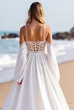 Beach White A Line Sweep Train Wedding Dress with Lace