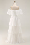 White Off the Shoulder Ruffle Chiffon A Line Wedding Dress
