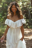 White Off the Shoulder Ruffle Chiffon A Line Wedding Dress