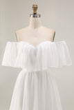 White Off the Shoulder Ruffle Chiffon A Line Wedding Dress