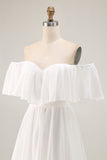 White Off the Shoulder Ruffle Chiffon A Line Wedding Dress