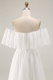 White Off the Shoulder Ruffle Chiffon A Line Wedding Dress