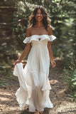 White Chiffon A Line Keyhole Boho Wedding Dress with Ruffles