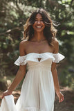 White Chiffon A Line Keyhole Boho Wedding Dress with Ruffles