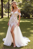White Cold Shoulder Boho Sweep Train Wedding Dress with Lace