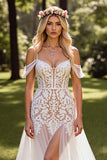 White Cold Shoulder Boho Sweep Train Wedding Dress with Lace
