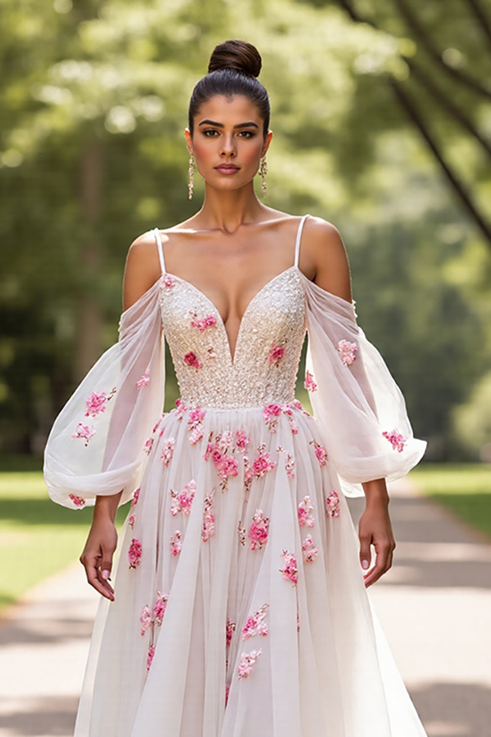 Floral A Line Cold Shoulder White Wedding Dress with Sleeves