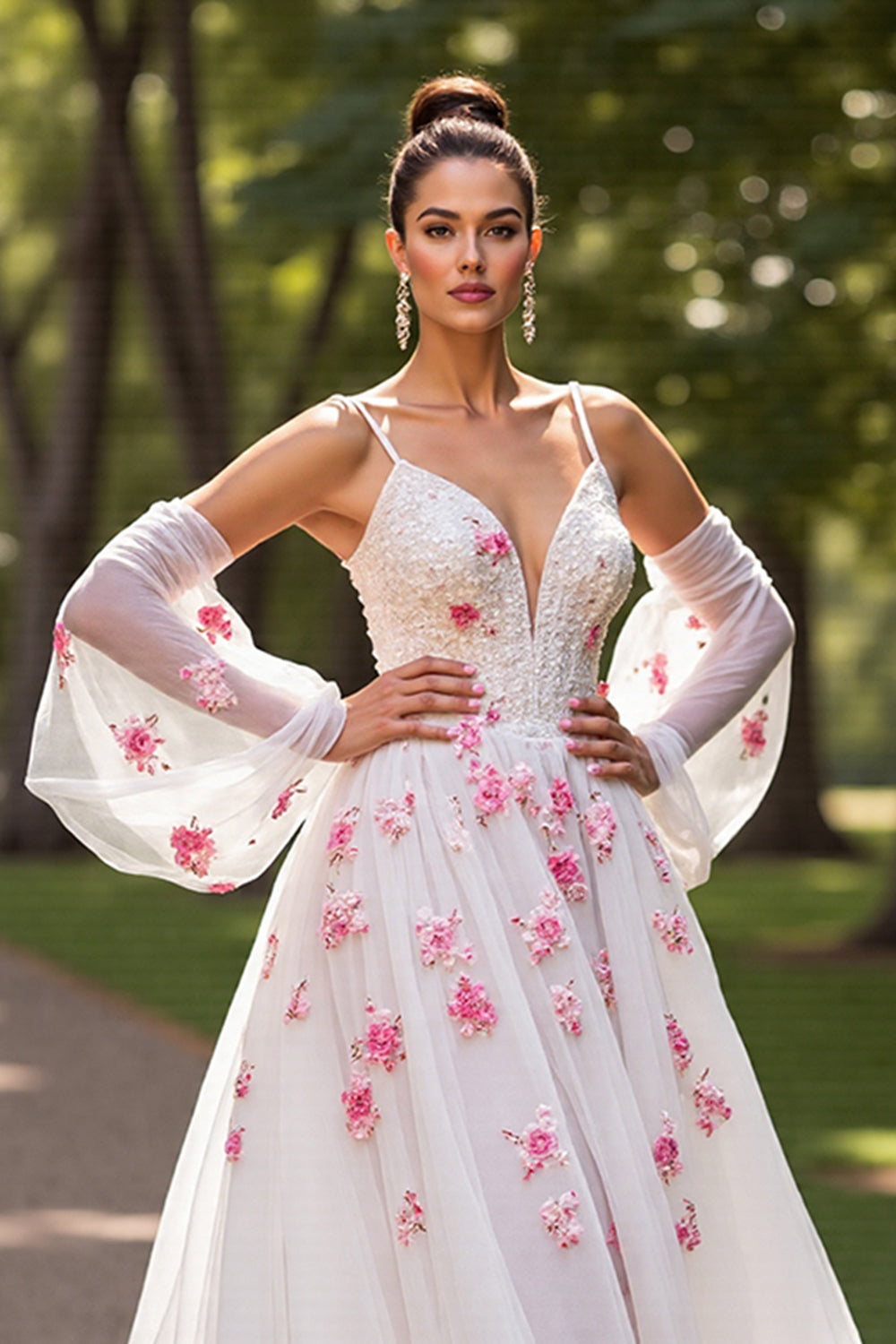 Floral A Line Cold Shoulder White Wedding Dress with Sleeves