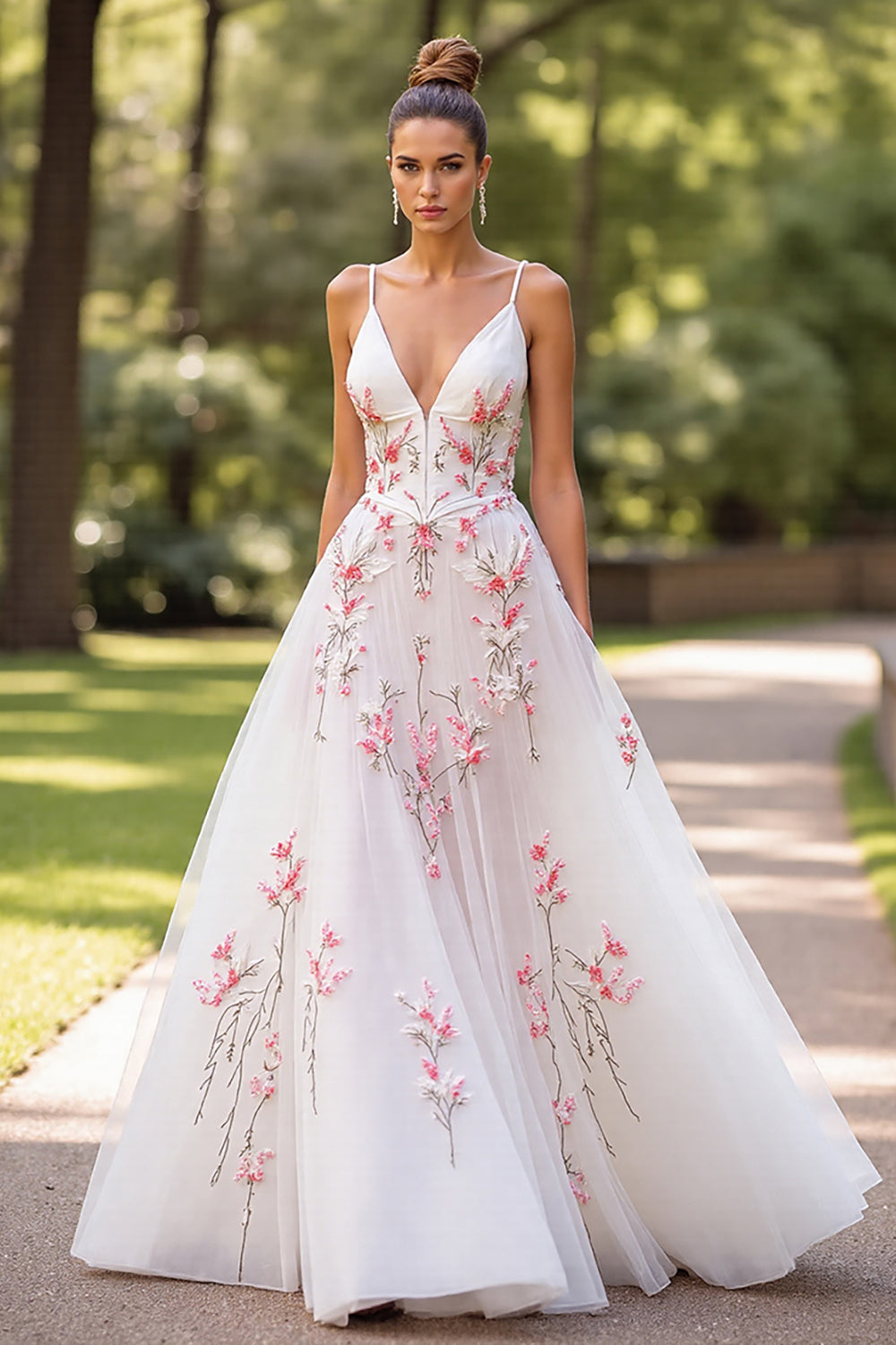 White Floral Spaghetti Straps A Line Wedding Dress