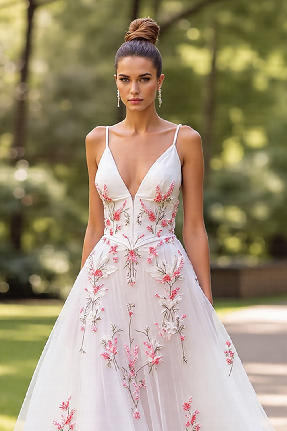 White Floral Spaghetti Straps A Line Wedding Dress