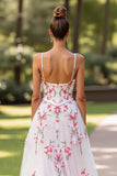 White Floral Spaghetti Straps A Line Wedding Dress