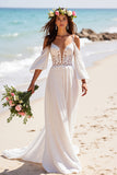 Chiffon White A Line Wedding Dress with Sleeves