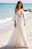 Chiffon White A Line Wedding Dress with Sleeves