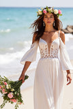 Chiffon White A Line Wedding Dress with Sleeves