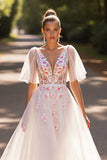 White Floral Half Sleeves A Line Wedding Dress
