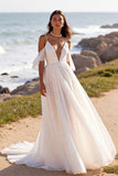 A Line White Cold Shoulder Chiffon Beach Wedding Dress