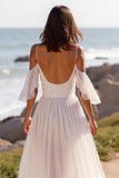 A Line White Cold Shoulder Chiffon Beach Wedding Dress