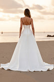 White Simple Satin A Line Wedding Dress with Slit