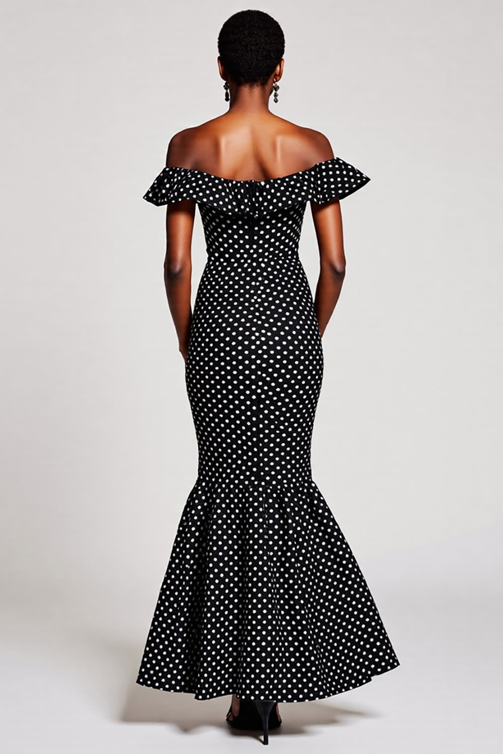 Off The Shoulder Mermaid Ruffled Black White Polka Dots Dress