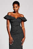Off The Shoulder Mermaid Ruffled Black White Polka Dots Dress