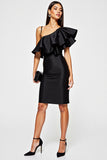 Ruffled Satin Bodycon Black Cocktail Dress