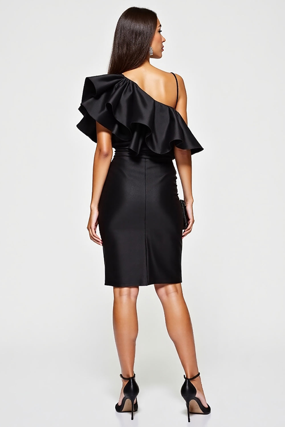 Ruffled Satin Bodycon Black Cocktail Dress