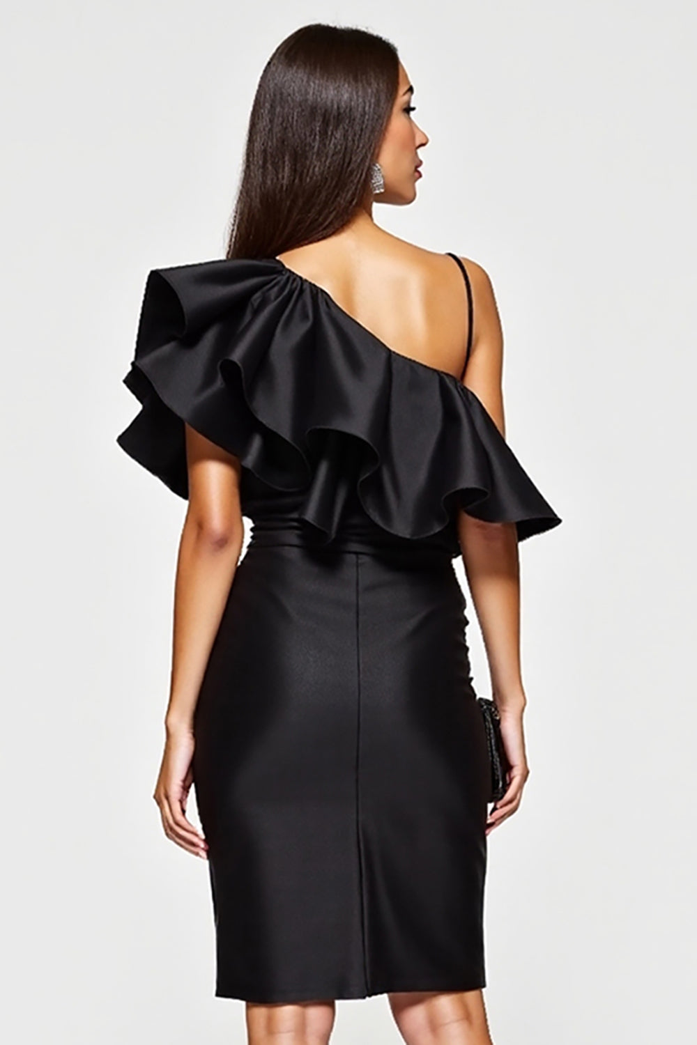 Ruffled Satin Bodycon Black Cocktail Dress