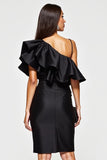 Ruffled Satin Bodycon Black Cocktail Dress