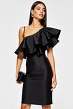 Ruffled Satin Bodycon Black Cocktail Dress