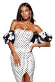 Strapless White Black Polka Dot Midi Cocktail Dress with Slit