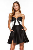 Strapless A Line Satin Black and White Cocktail Dress with Slit