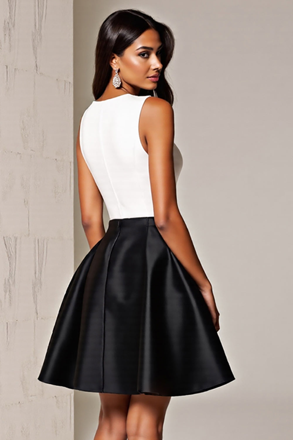 Black and White A Line V Neck Cocktail Dress