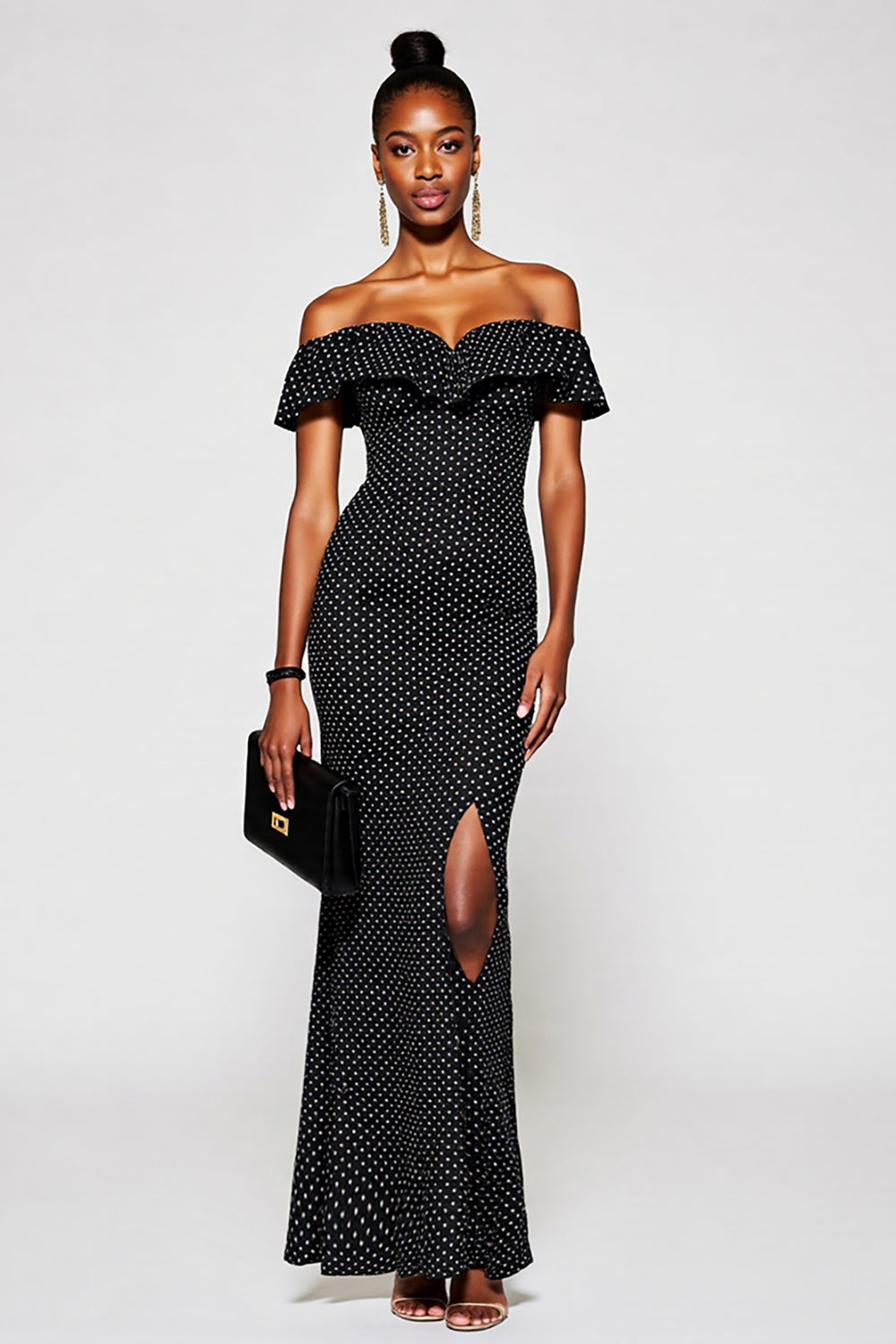 Black Off the Shoulder White Polka Dot Formal Dress with Slit