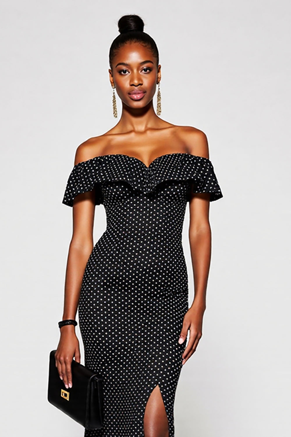 Black Off the Shoulder White Polka Dot Formal Dress with Slit
