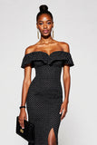 Black Off the Shoulder White Polka Dot Formal Dress with Slit