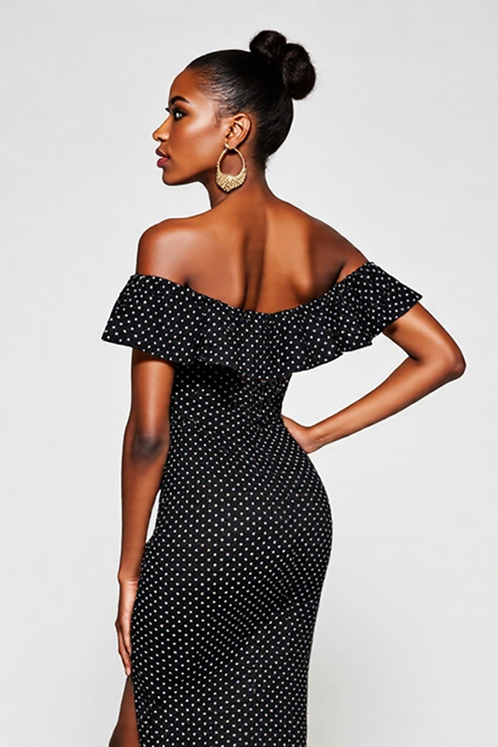 Black Off the Shoulder White Polka Dot Formal Dress with Slit
