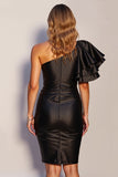 One Shoulder Satin Bodycon Black Cocktail Dress