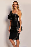 One Shoulder Satin Bodycon Black Cocktail Dress