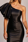 One Shoulder Satin Bodycon Black Cocktail Dress