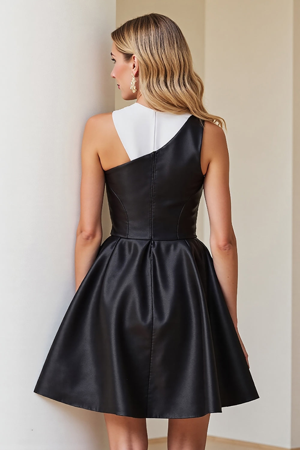 Satin A Line Black and White Short Cocktail Dress