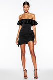 Off the Shoulder Ruched Black Cocktail Dress with Ruffles